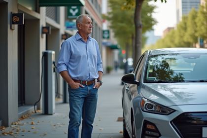 Homme pensif à côté d'une voiture hybride en ville