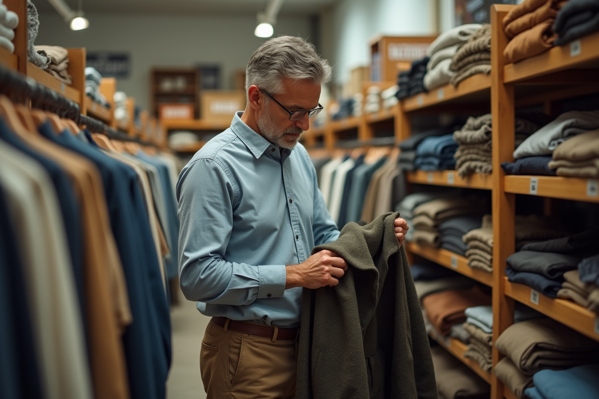 Homme inspectant une veste vintage dans une boutique de seconde main