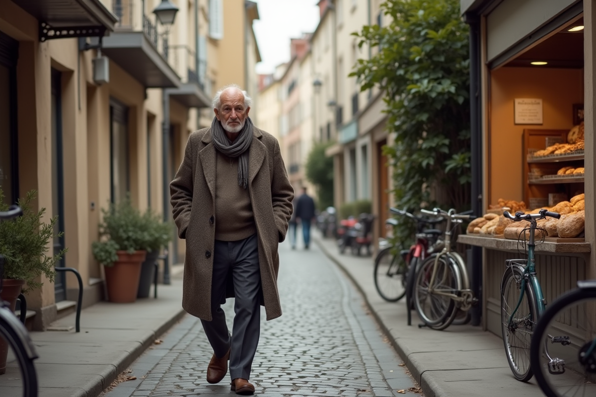 Homme âgé passant devant une boulangerie dans un quartier résidentiel