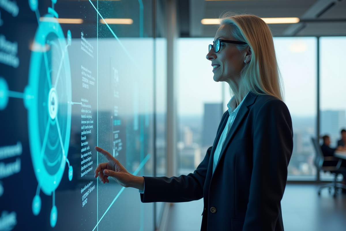 Ingénieure expliquant un diagramme quantique devant un écran interactif