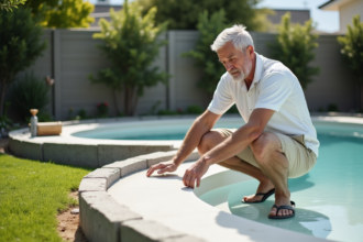 Homme inspectant la nouvelle piscine en béton en jardin