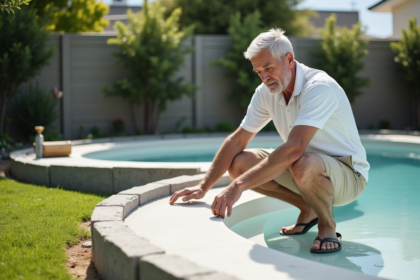 Homme inspectant la nouvelle piscine en béton en jardin