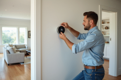 Homme moyenâgeux installant un thermostat intelligent dans un salon lumineux