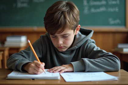 Adolescent pensif à son bureau scolaire en classe