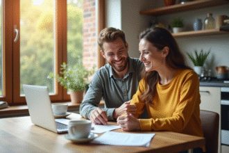Jeune couple discutant de documents de prêt immobilier à la maison