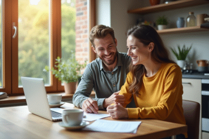 Jeune couple discutant de documents de prêt immobilier à la maison