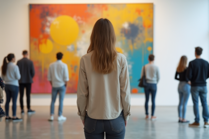 Jeune femme devant une peinture abstraite dans une galerie d'art