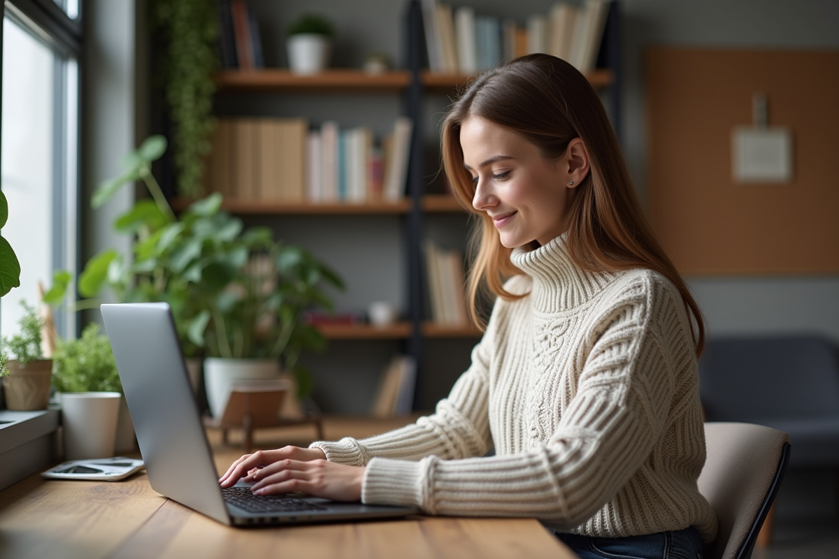 Jeune femme souriante travaillant sur un ordinateur dans un bureau moderne