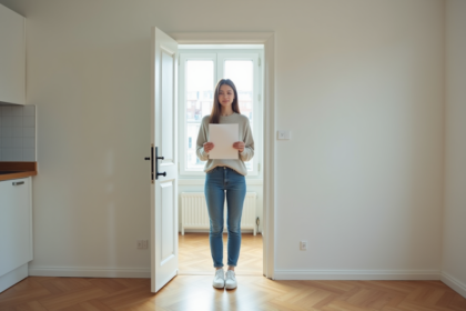 Jeune femme tenant un contrat de location dans un appartement vide
