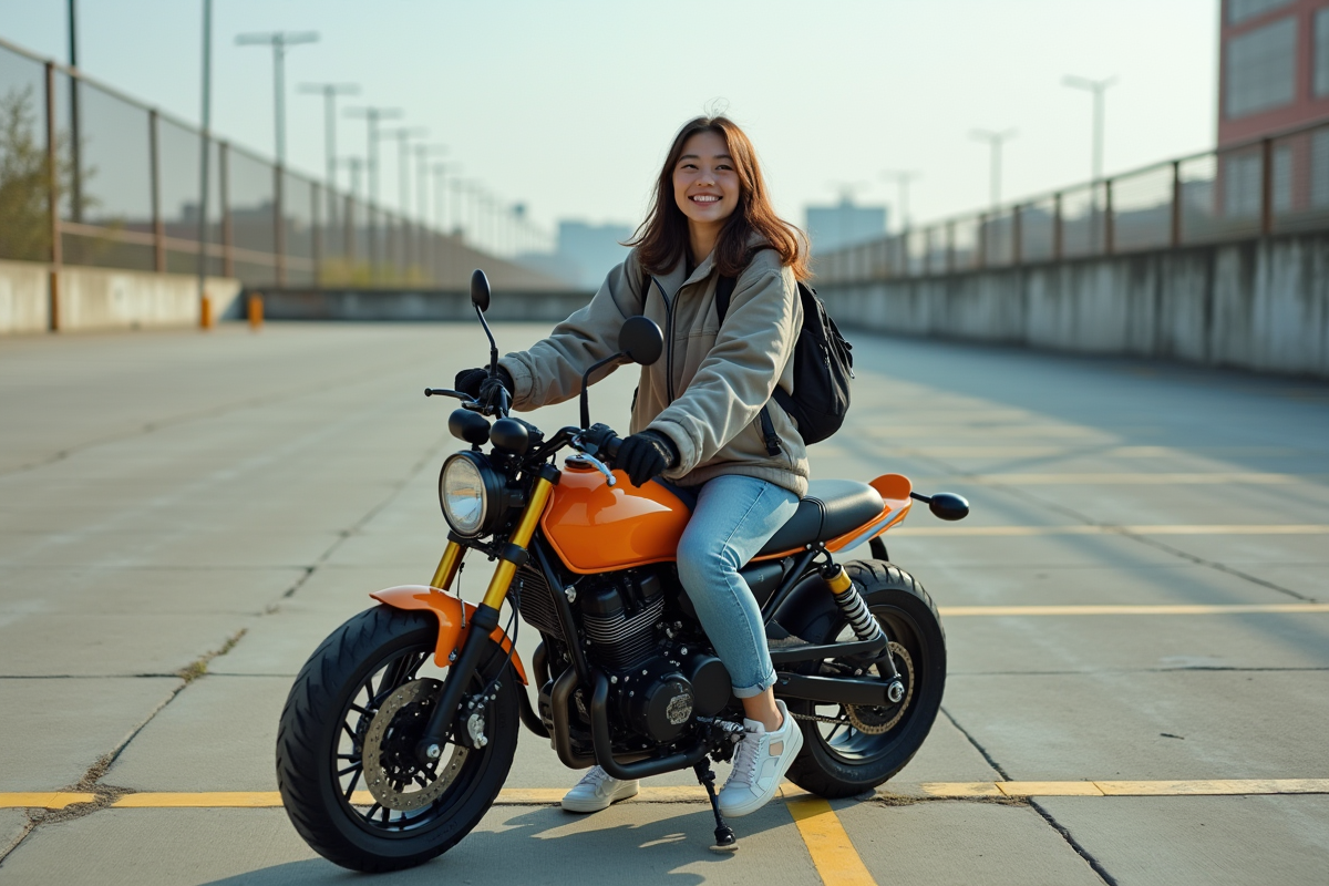 Femme souriante sur une moto personnalisée dans un parking urbain