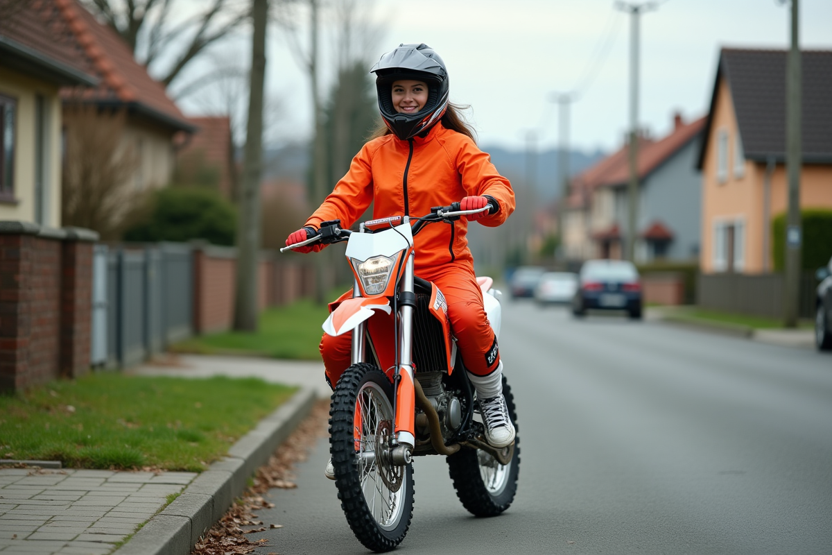 Jeune femme à moto 125cc en environnement urbain