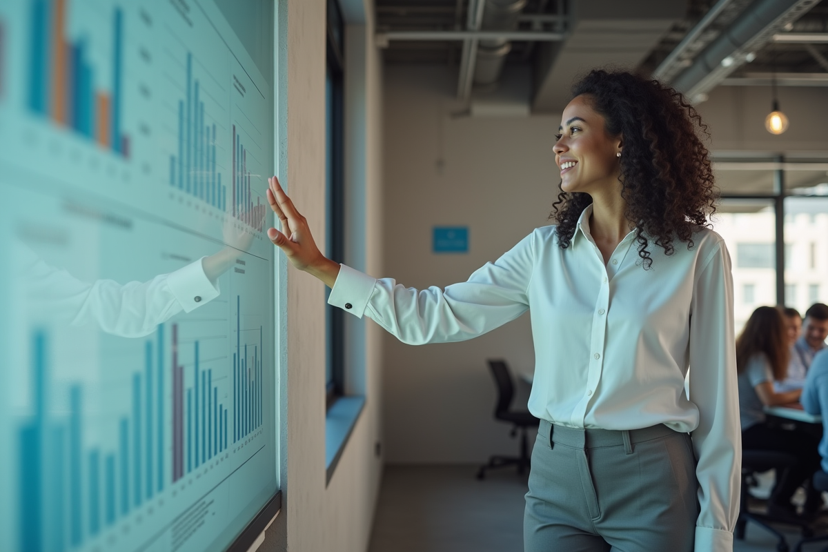Jeune femme présentant des statistiques sur un tableau blanc dans un espace collaboratif