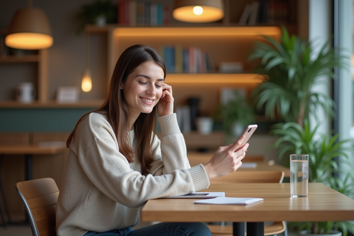 Jeune femme parlant dans son smartphone au café