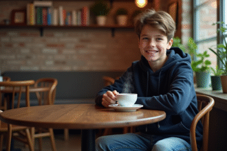 Jeune garçon assis dans un café intérieur avec tasse fumante