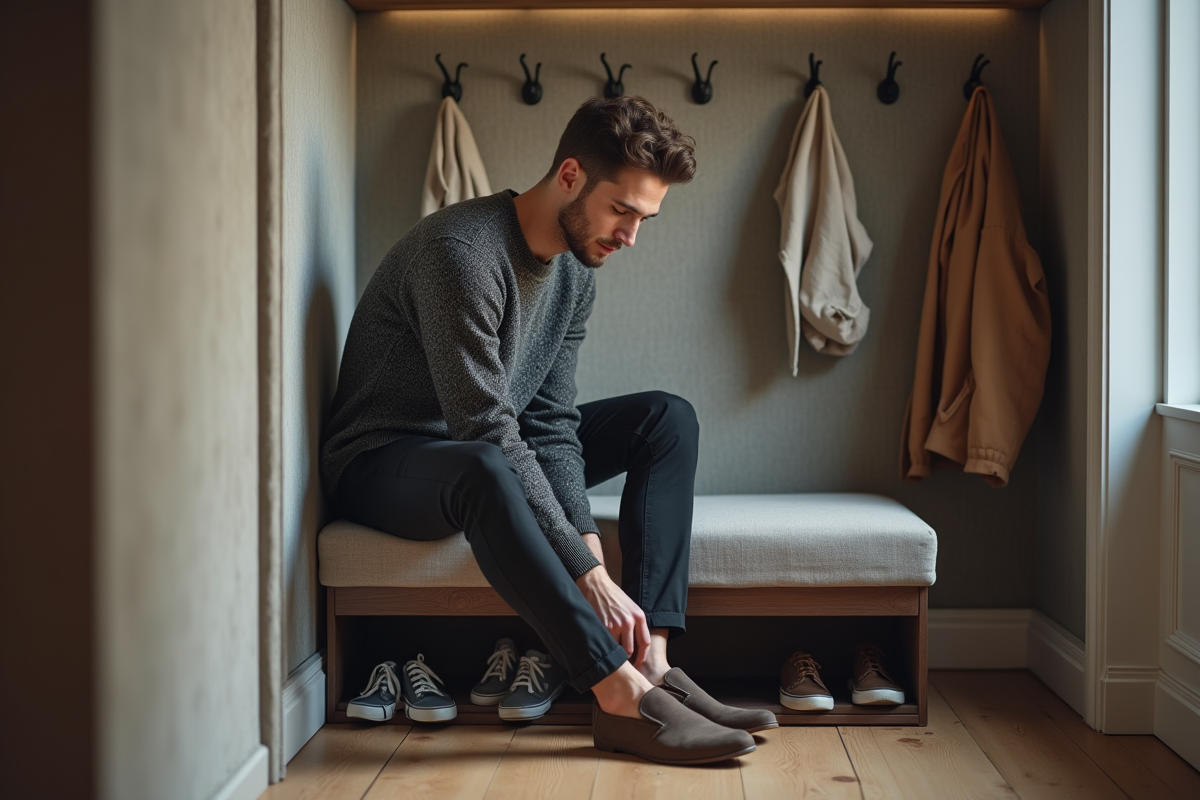 Jeune homme assis dans un hall en train de lacer ses chaussures