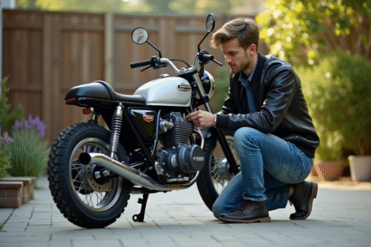 Jeune homme ajustant une moto customisee dans une cour résidentielle