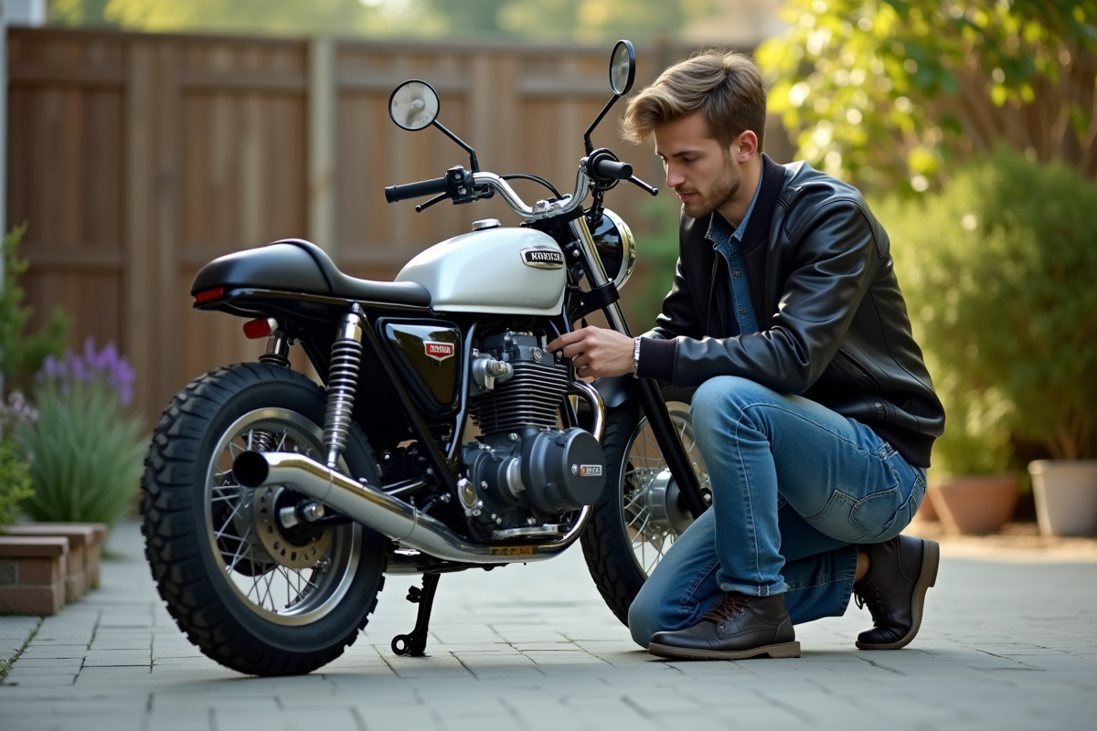 Jeune homme ajustant une moto customisee dans une cour résidentielle