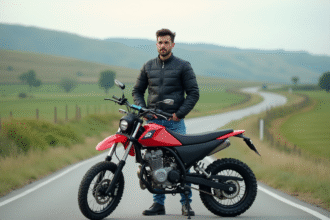 Jeune homme à moto 125cc en milieu rural