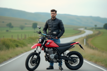 Jeune homme à moto 125cc en milieu rural