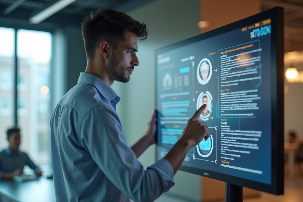 Jeune homme RH examinant profils sur écran tactile