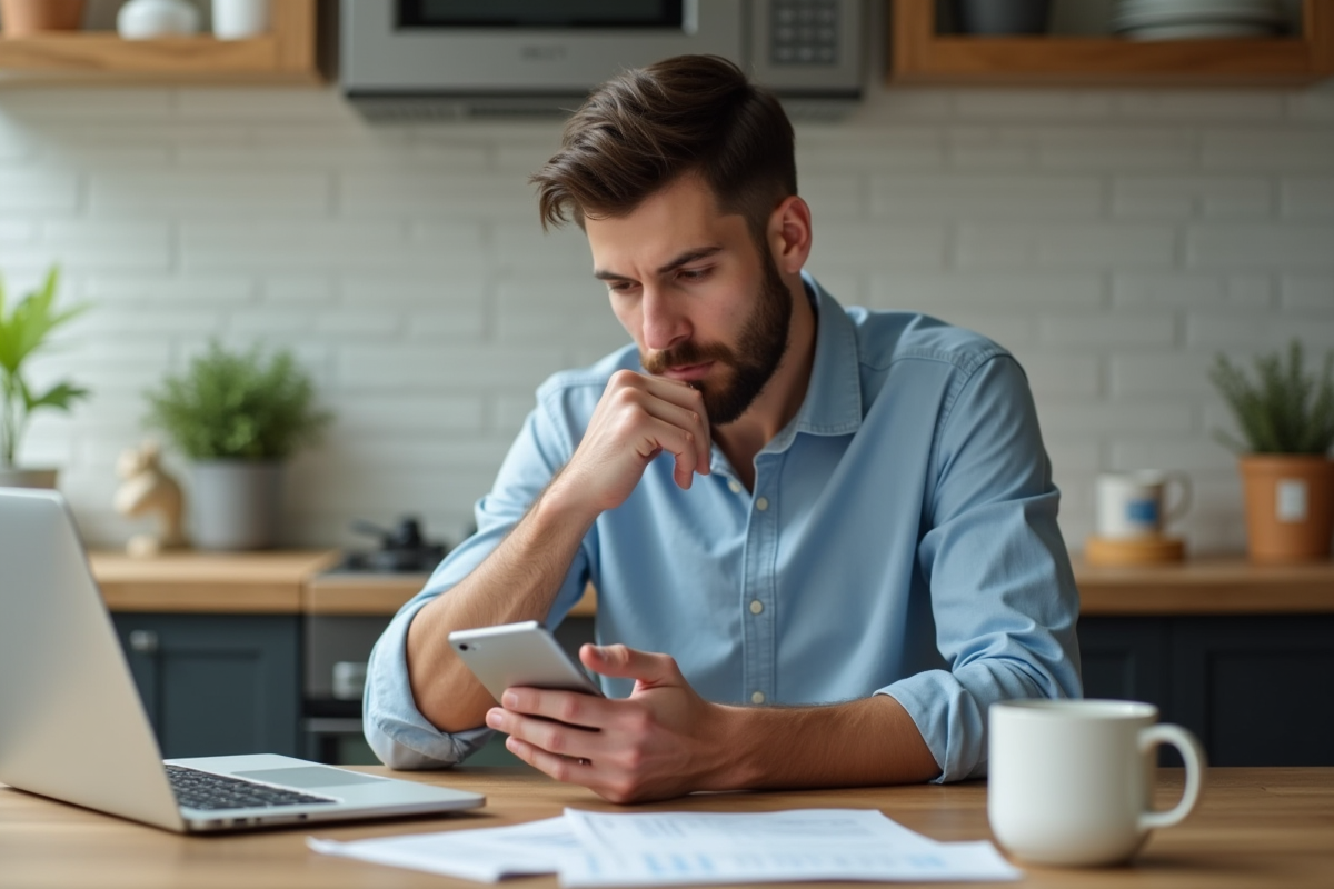 Jeune homme regardant son smartphone dans une cuisine moderne