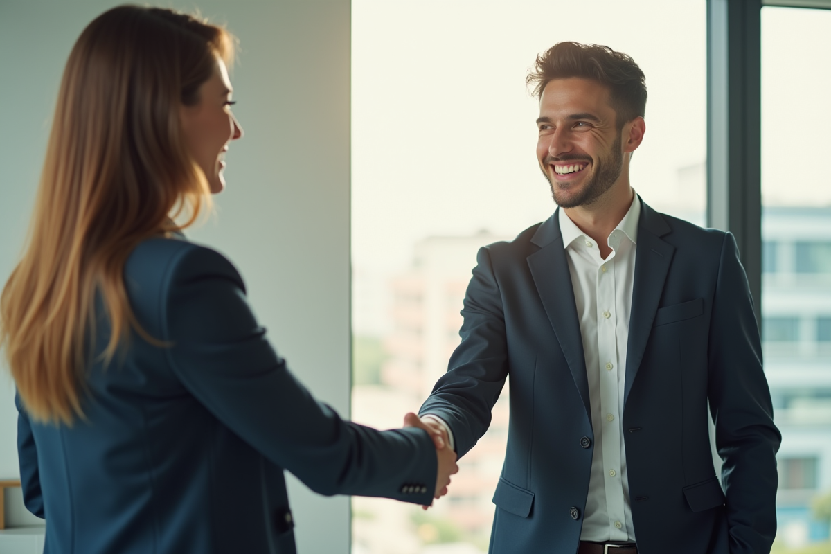Jeune intern recevant un handshake de son manager dans un bureau lumineux
