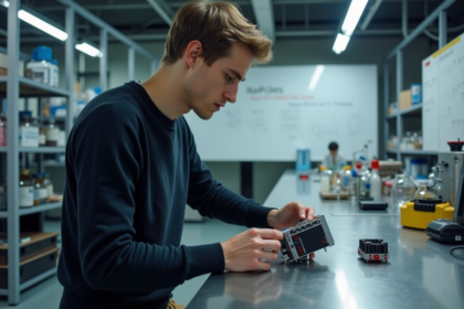 Jeune physicien ajustant un moteur quantique dans un laboratoire