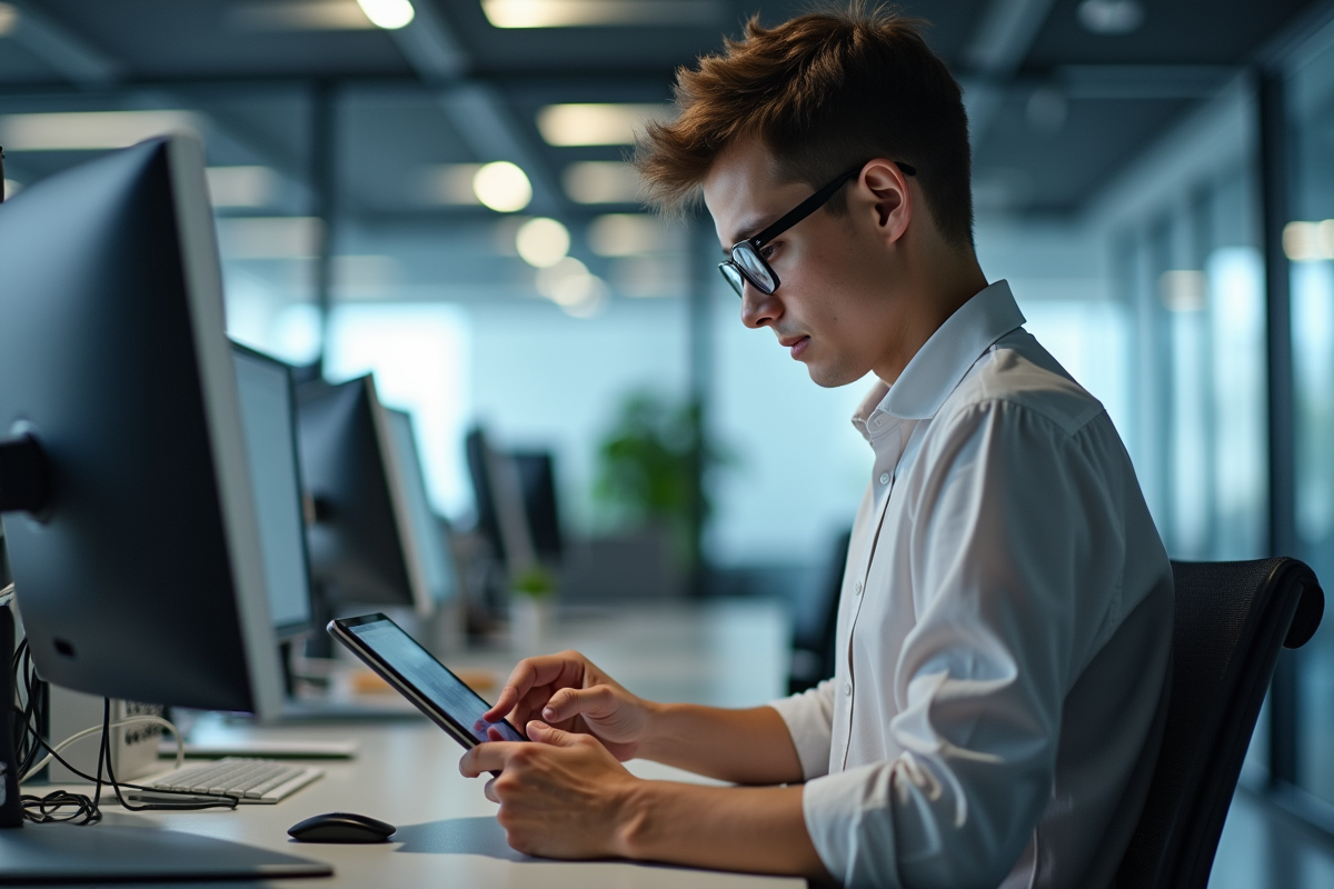 Jeune professionnel évaluant ergonomie au bureau avec tablette