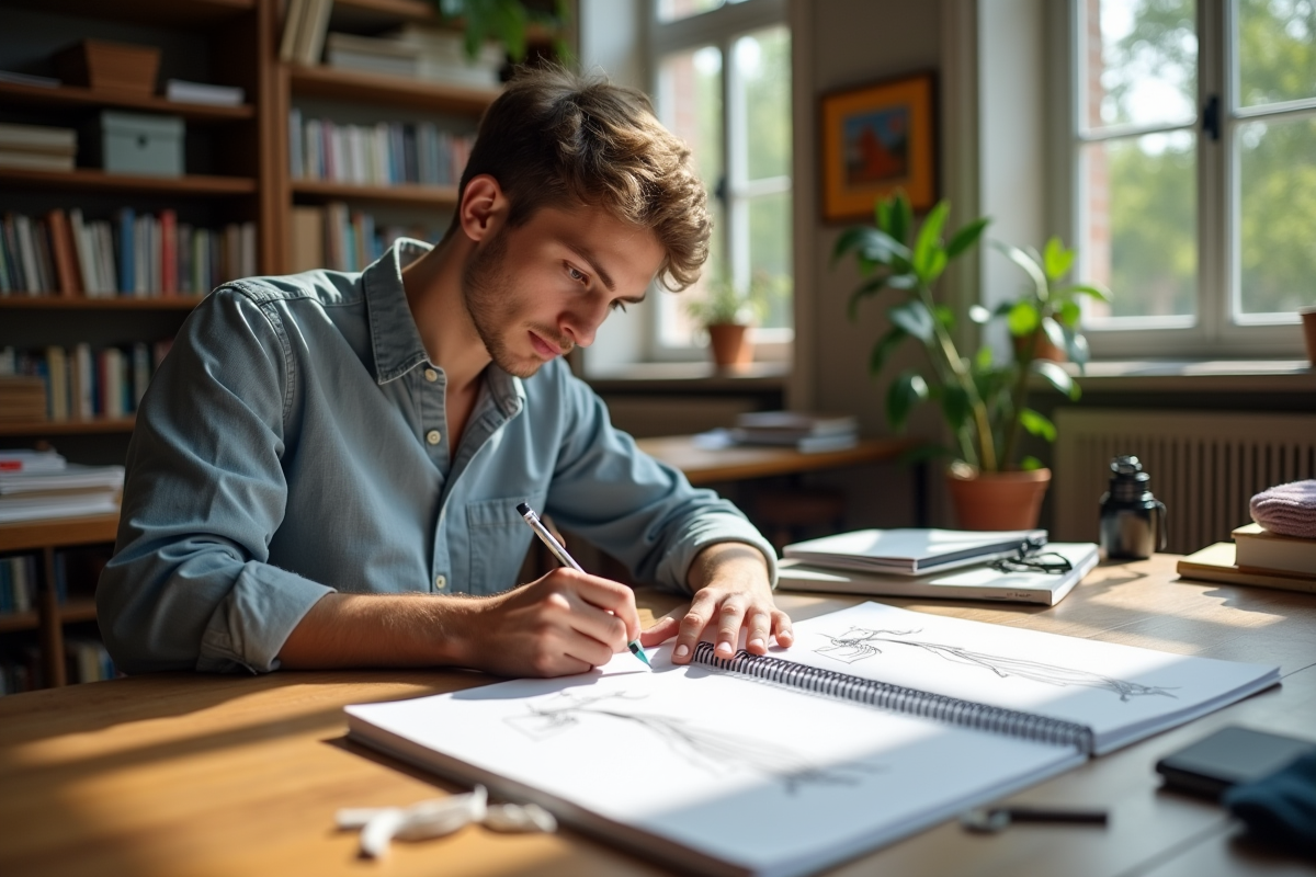 Jeune étudiant en mode dessinant des croquis dans une bibliothèque