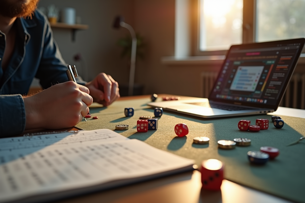 Joueur analysant sa stratégie pour le jeu 421 dans un salon moderne
