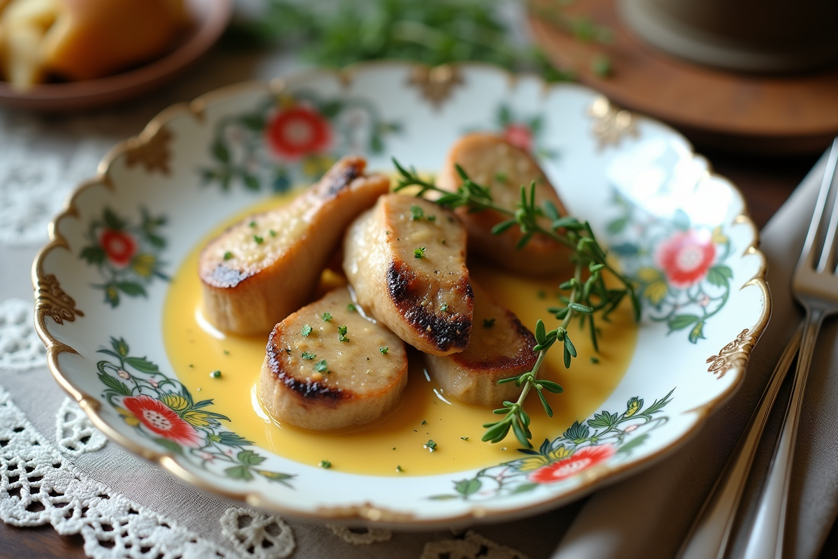 Gros plan sur le lapin à la moutarde avec assiette florale et thym