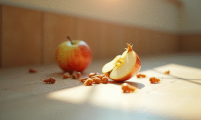 Maggots près d'une pomme cassée dans une cuisine lumineuse