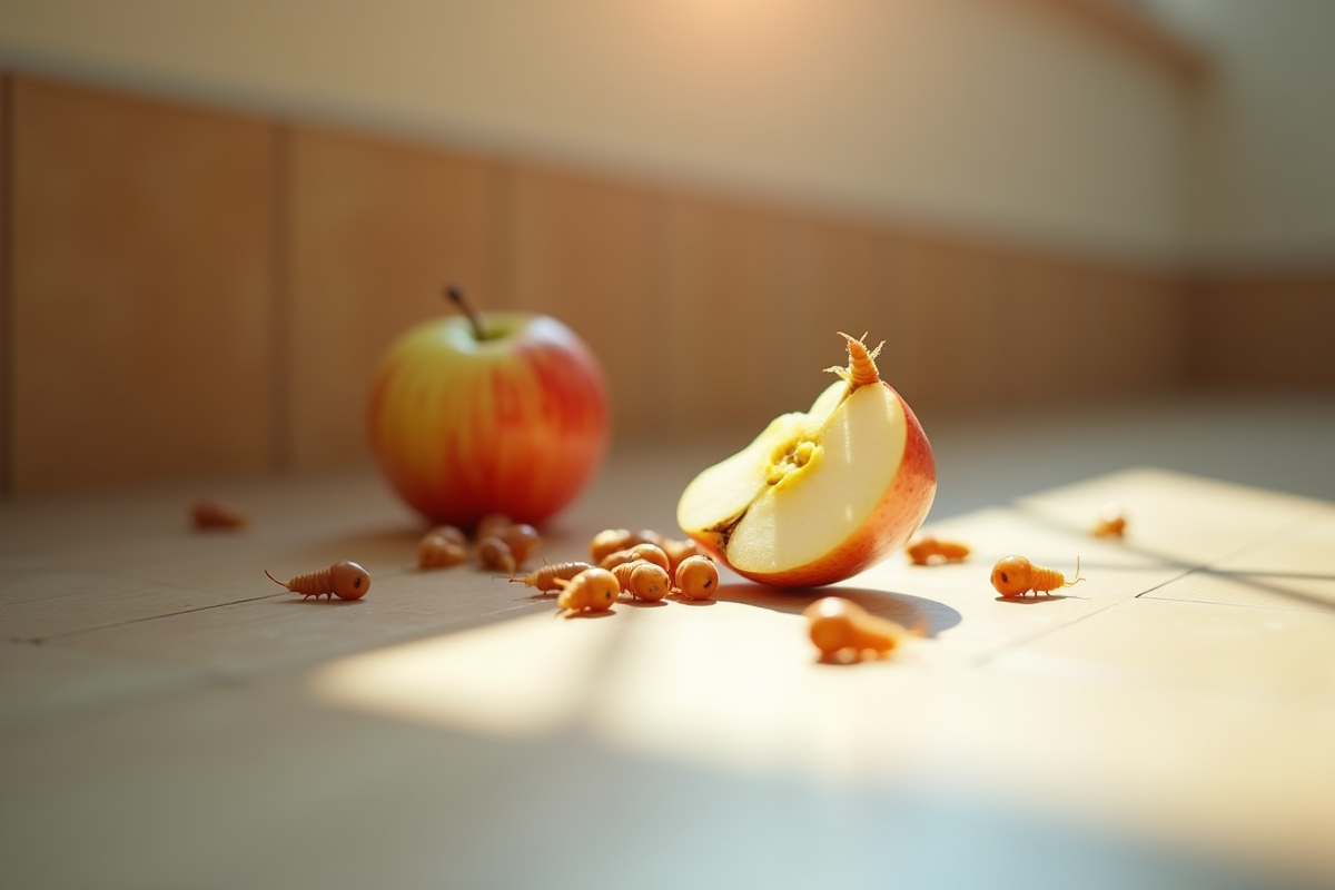 Maggots près d'une pomme cassée dans une cuisine lumineuse