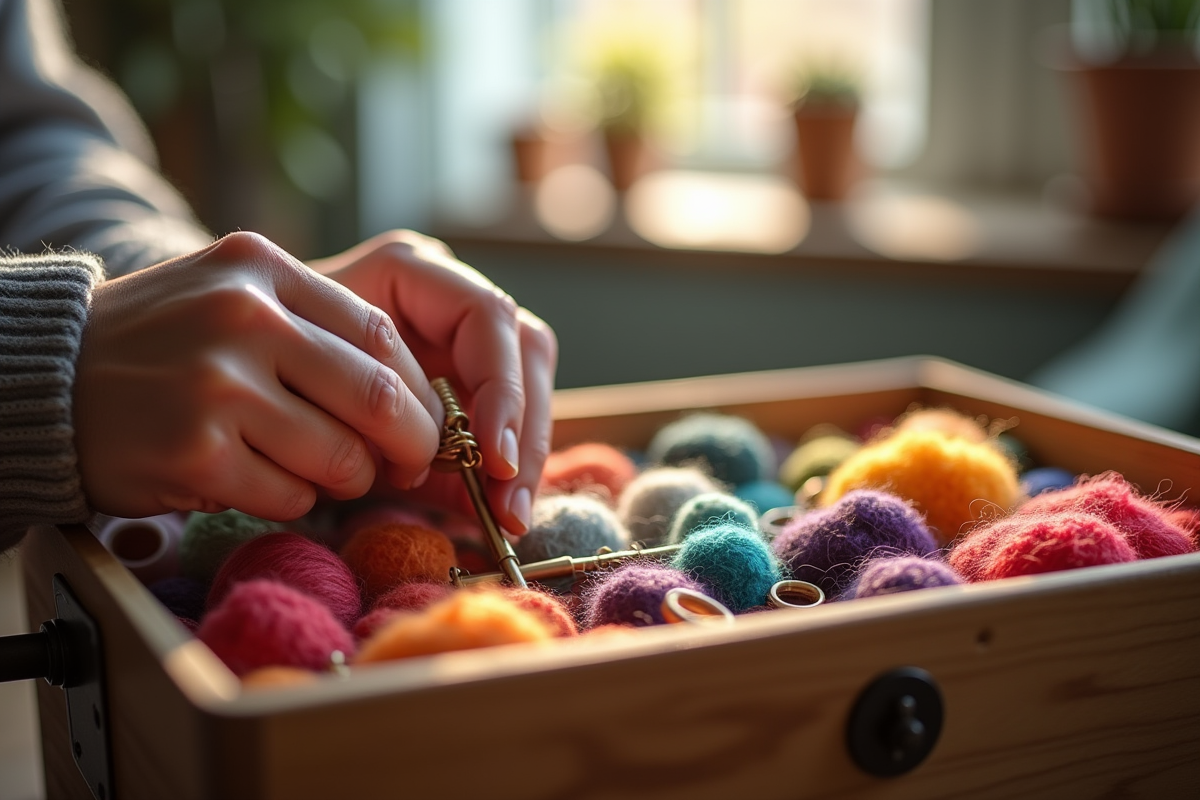 Main choisissant une épingle à laine dans une boîte à outils colorée