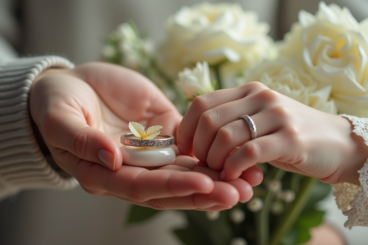 Mains tenant des bagues de mariage avec cadeau et fleurs