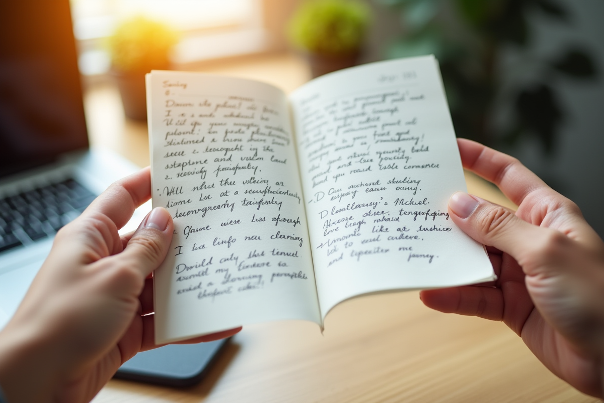 Deux mains tenant des papiers avec notes manuscrites et texte tapé