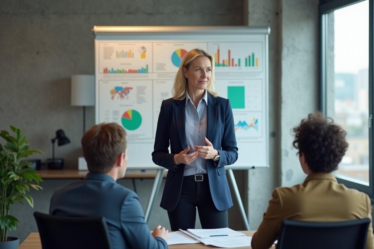 Manager féminin expliquant des graphiques à son équipe
