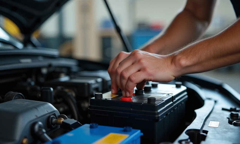 Mains d'un mécanicien changeant une batterie sous le capot