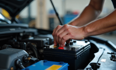 Mains d'un mécanicien changeant une batterie sous le capot