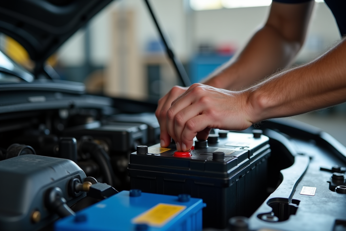 Mains d'un mécanicien changeant une batterie sous le capot