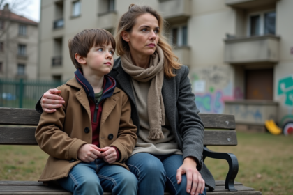Mère et enfant assis sur un banc dans un quartier urbain