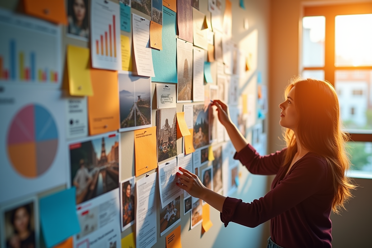 Mur de moodboards avec idées et analyses pour réseaux sociaux