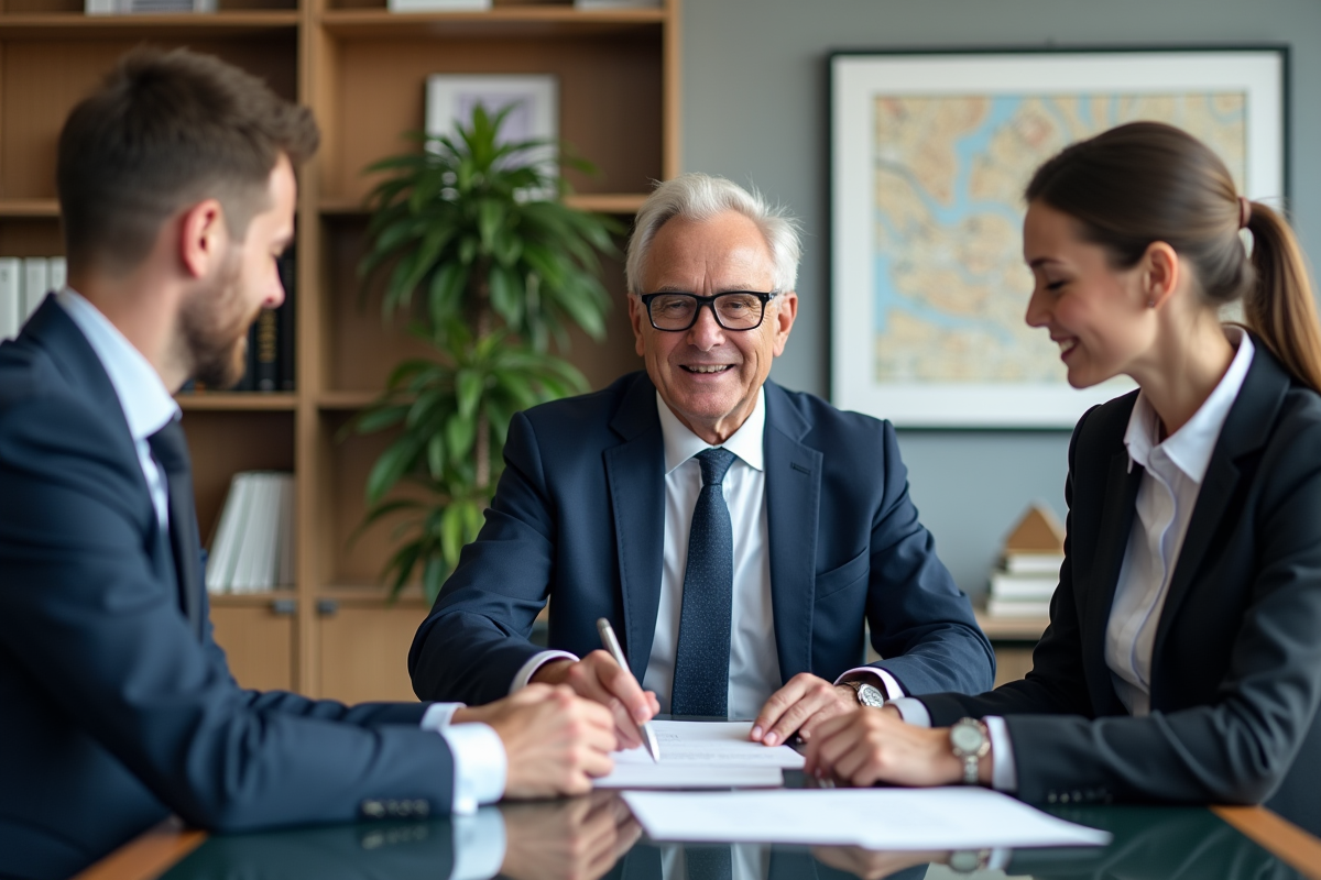 Notaire professionnel remettant un contrat signé à un jeune couple dans un bureau moderne