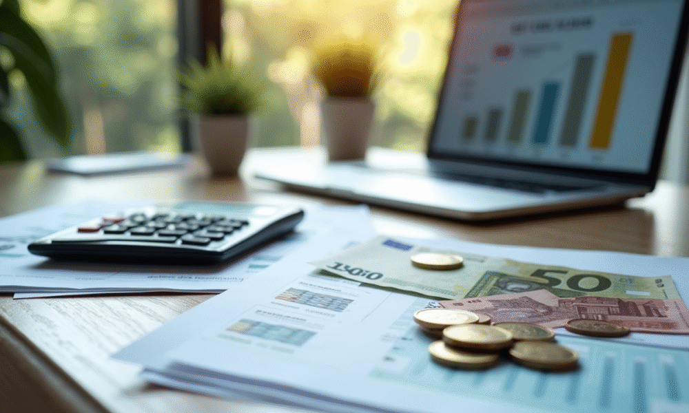Ordinateur avec documents de salaire et billets d euro