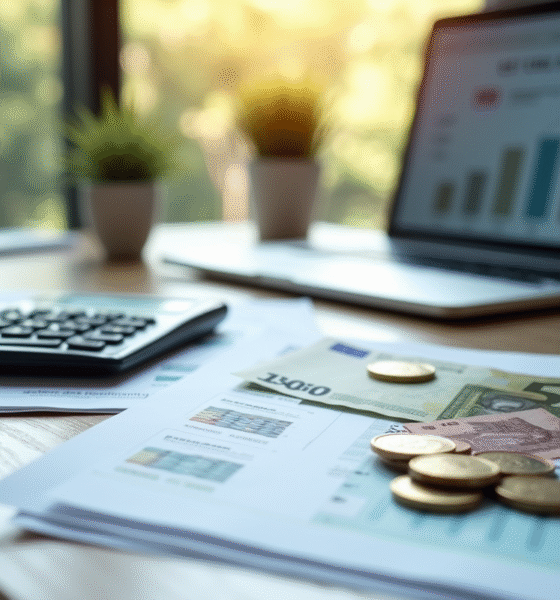 Ordinateur avec documents de salaire et billets d euro