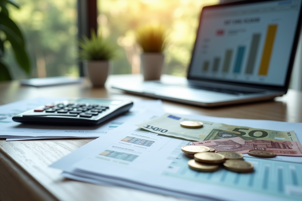 Ordinateur avec documents de salaire et billets d euro