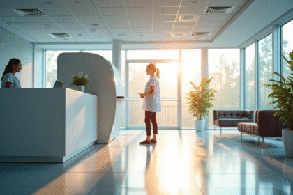 Patient entrant dans une clinique MRI accueillie par une réceptionniste