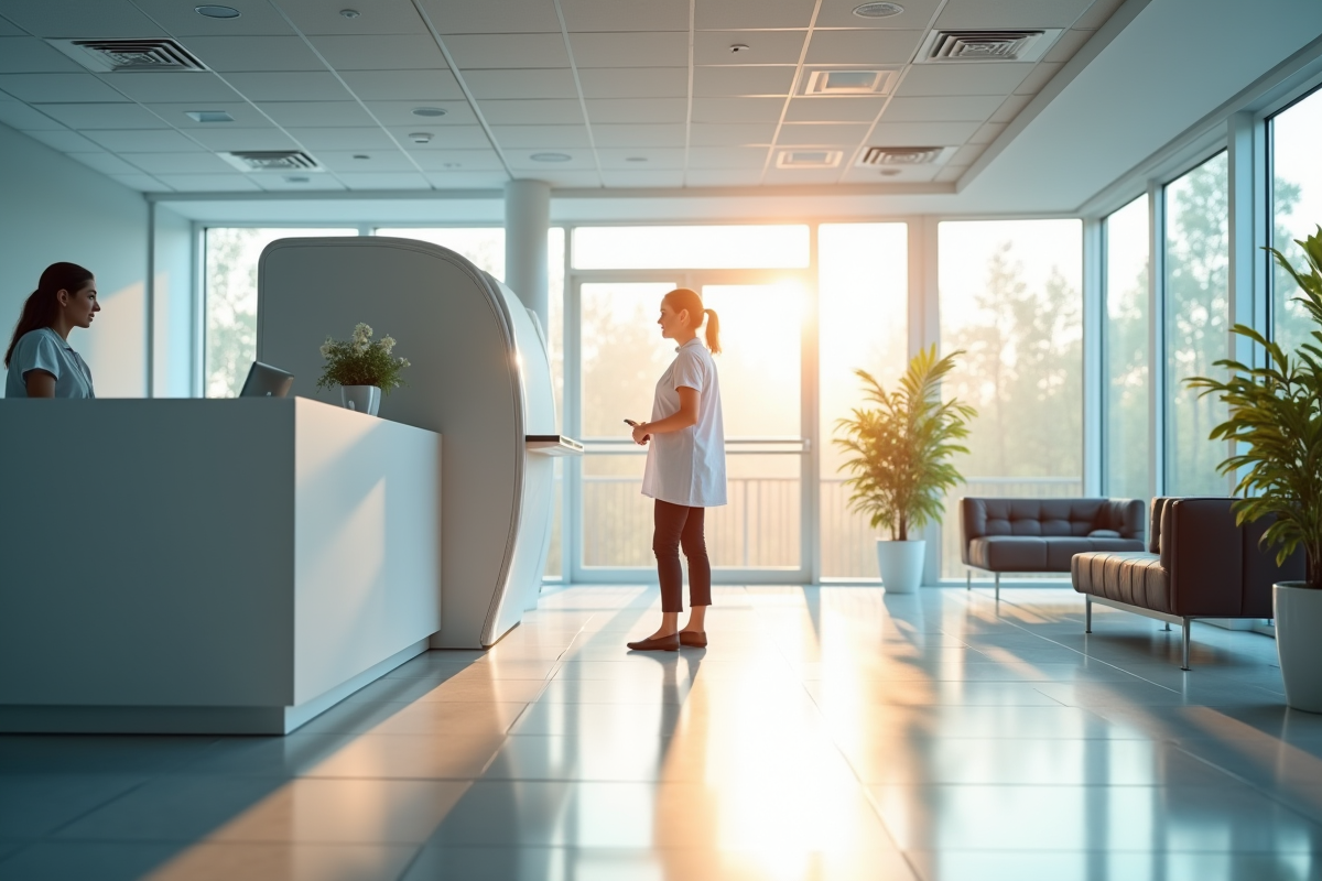 Patient entrant dans une clinique MRI accueillie par une réceptionniste