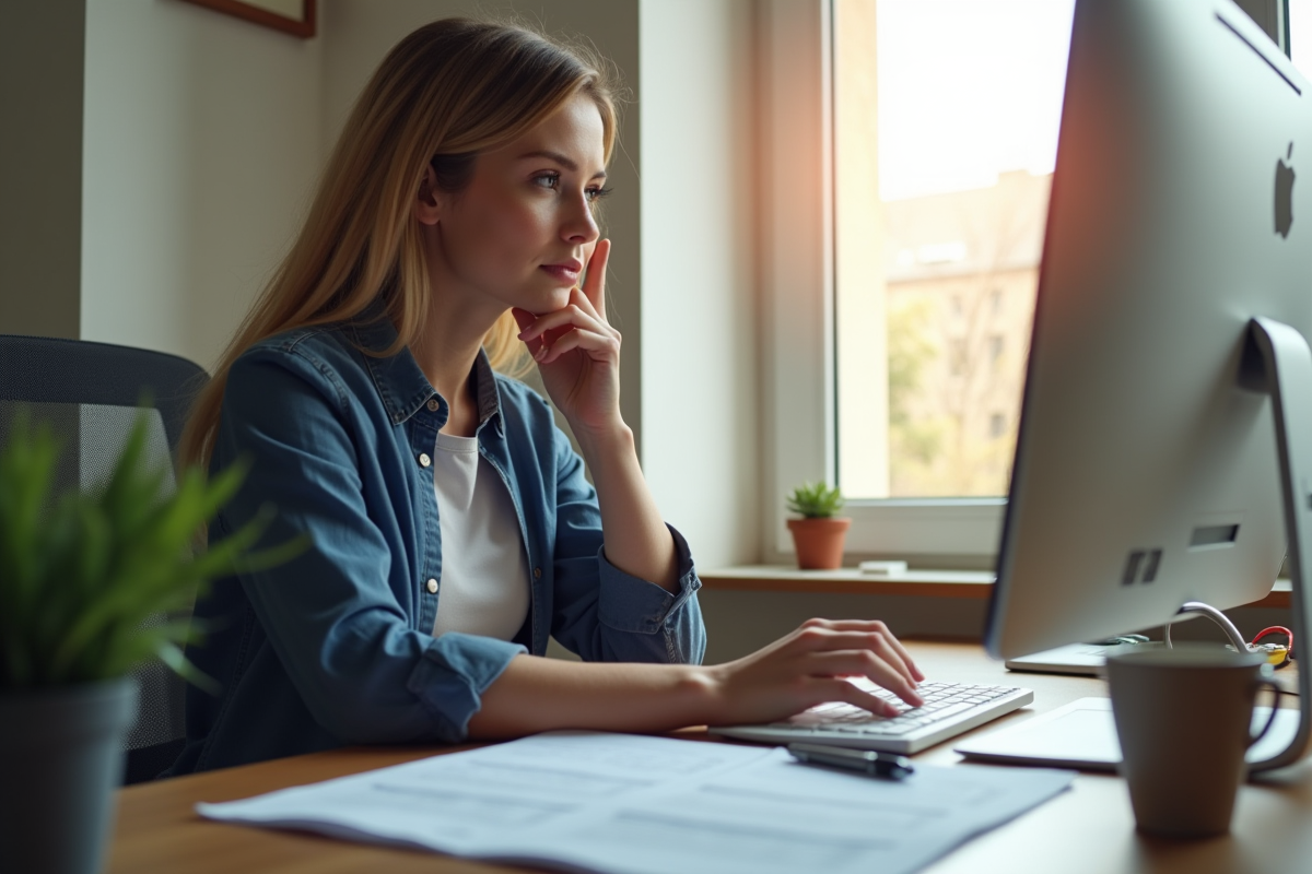 Personne remplissant une demande en ligne dans un bureau moderne