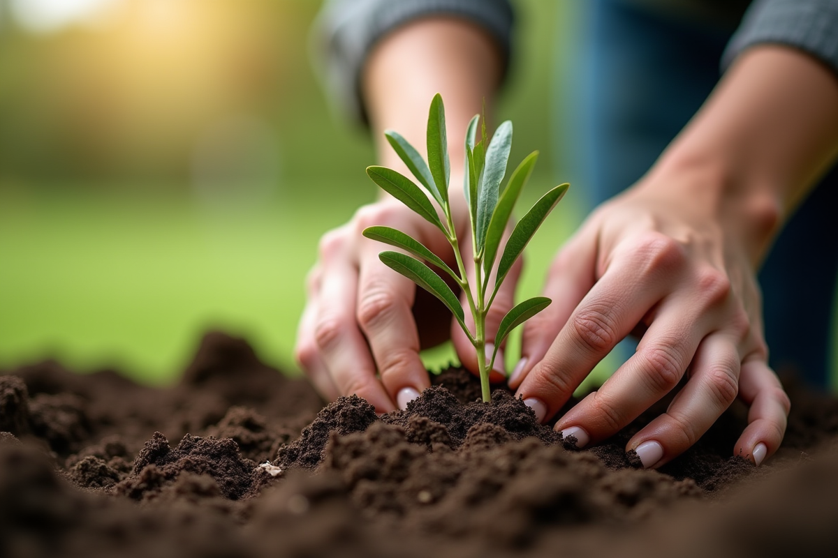 Mains plantant un jeune olivier dans la terre humide